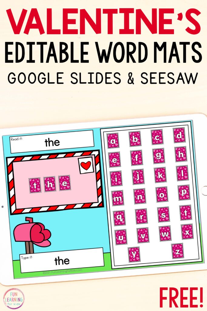 Free editable Valentine's Day word building mats for Google Slides and Seesaw.