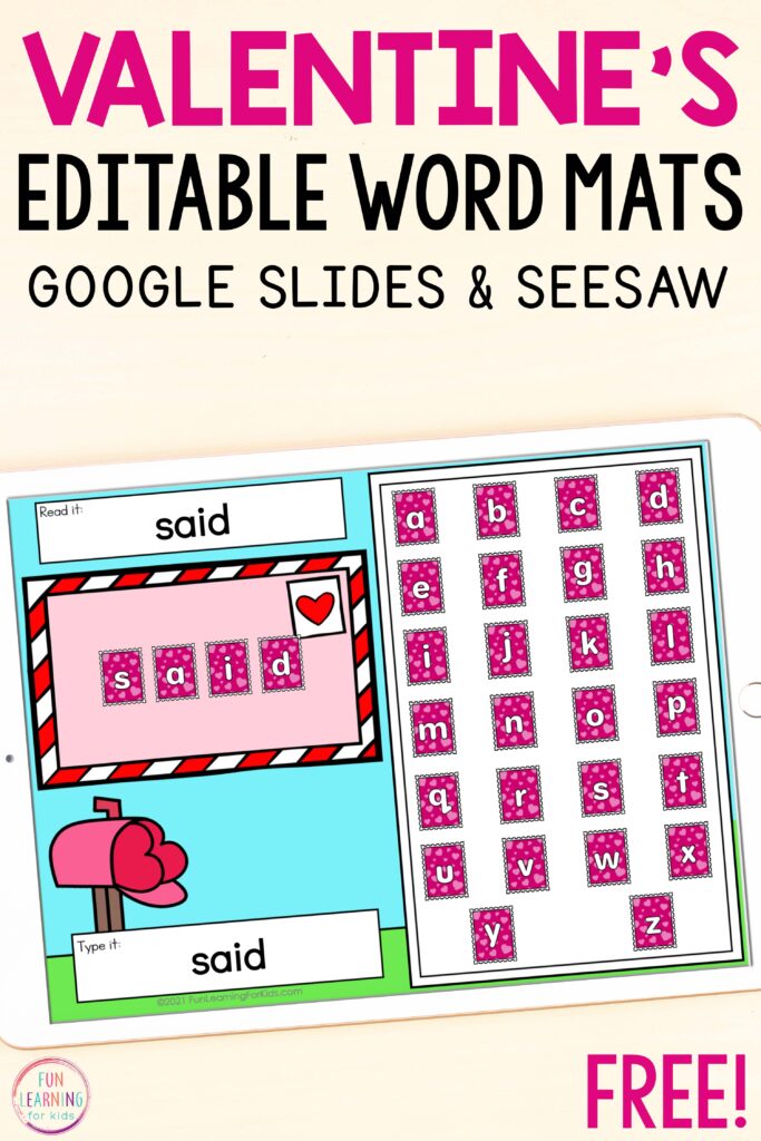 Free digital Valentine's Day editable word work mats for Seesaw and Google Slides.