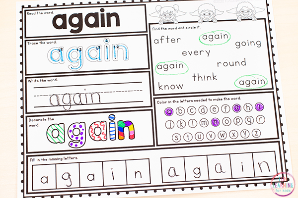 First grade sight word worksheets for learning high frequency words.