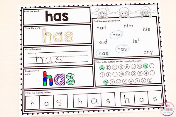 Free printable sight word worksheets for Dolch words list.