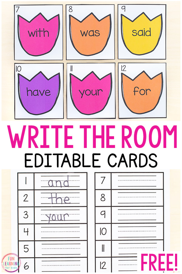 Free printable flower theme write the room activity that is editable.
