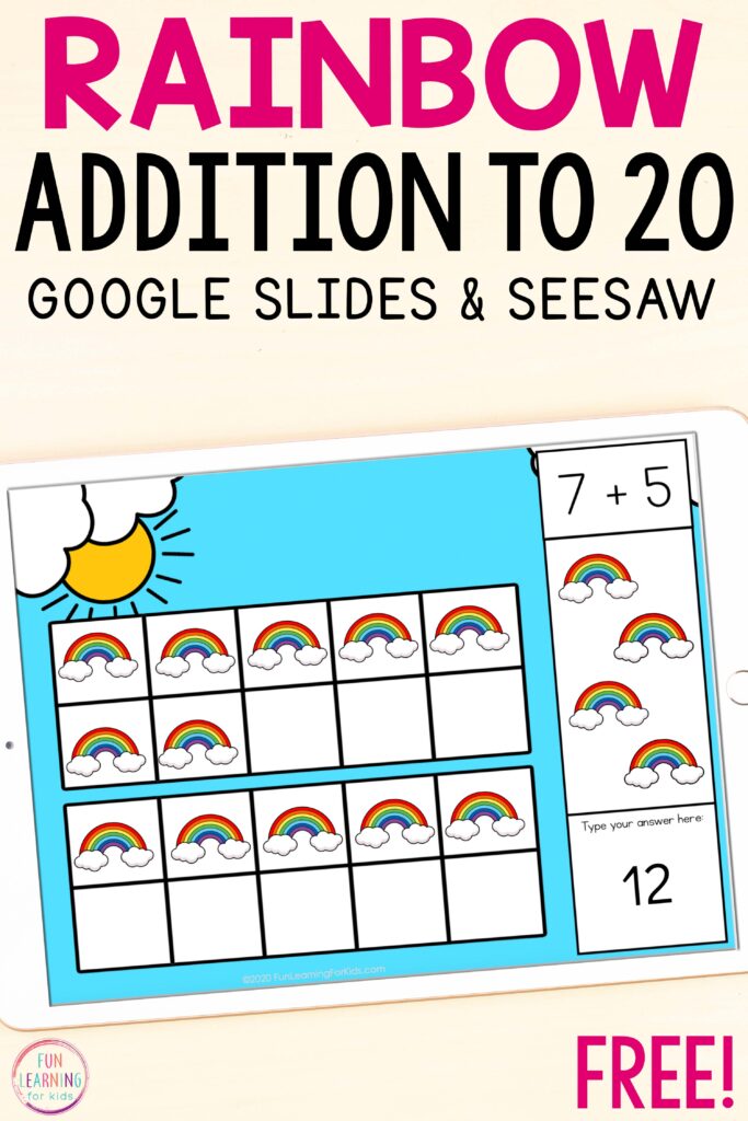 A free digital addition within 20 math activity for Google Slides and Seesaw.