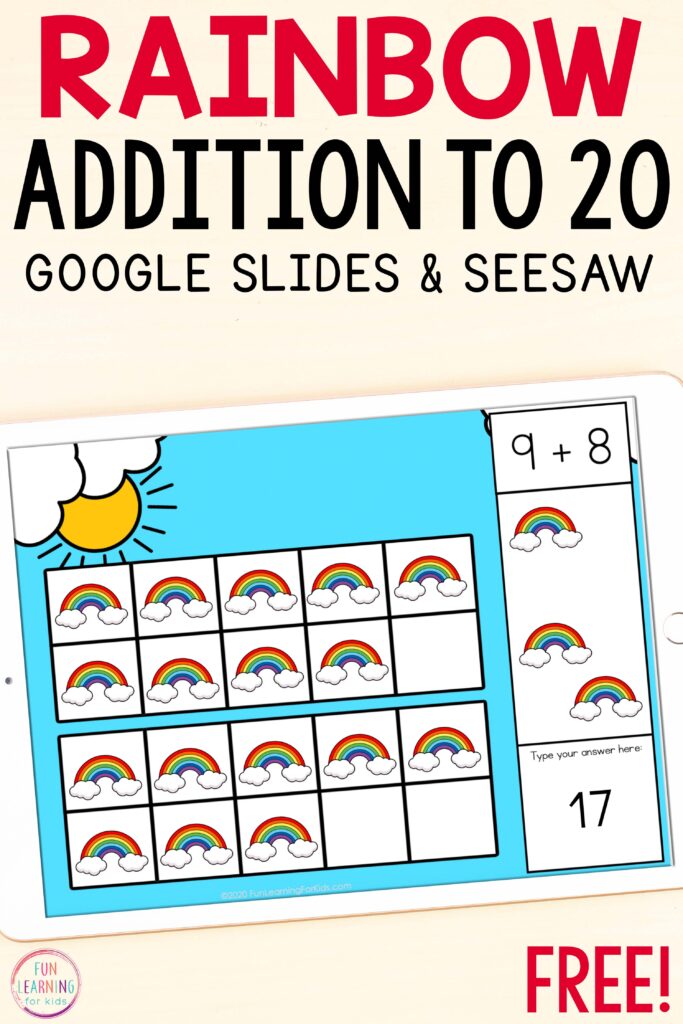 Free Google Slides and Seesaw math activity with a rainbow theme.