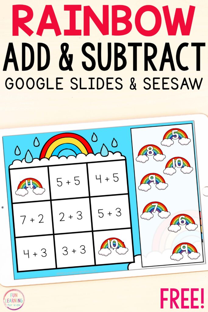 Free digital rainbow addition and subtraction activity for Google Slides and Seesaw.