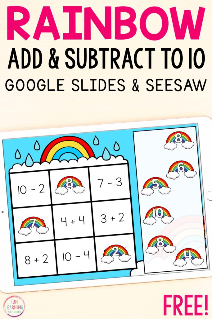 Free rainbow addition and subtraction math facts activity for Seesaw and Google Slides.
