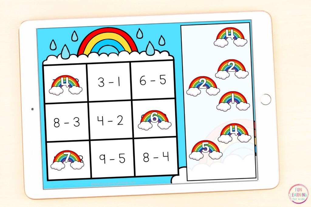 Free paperless rainbow math activity for learning math facts while using Google Classroom or Seesaw.