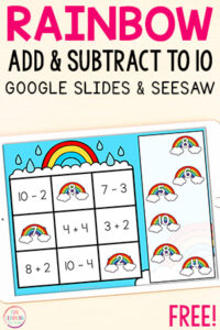 Rainbow addition and subtraction math activity for kindergarten and first grade.