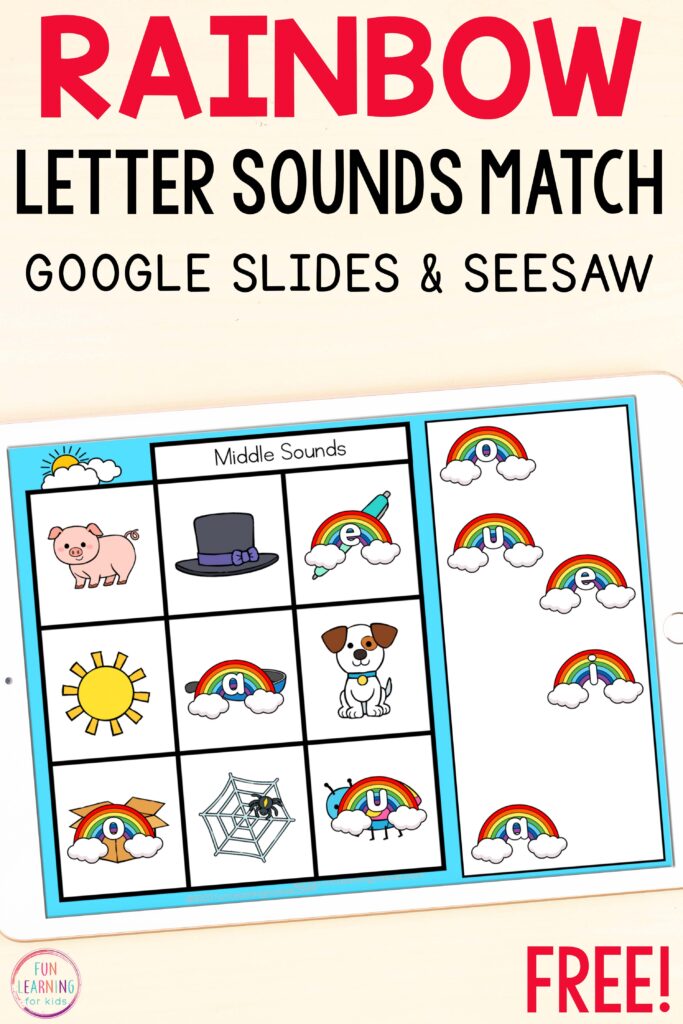 Free paperless rainbow theme letter sounds activity for learning to isolate beginning, middle, and ending sounds. 