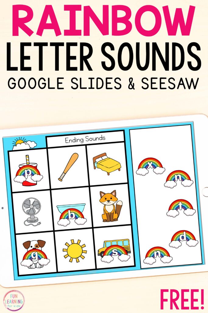 Free rainbow phonemic awareness activity for practicing letter sound isolation while utilizing Seesaw and Google Slides.