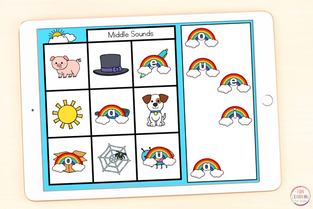 Free rainbow phonics activity for learning to isolate beginning sounds, middle sounds, and ending sounds.
