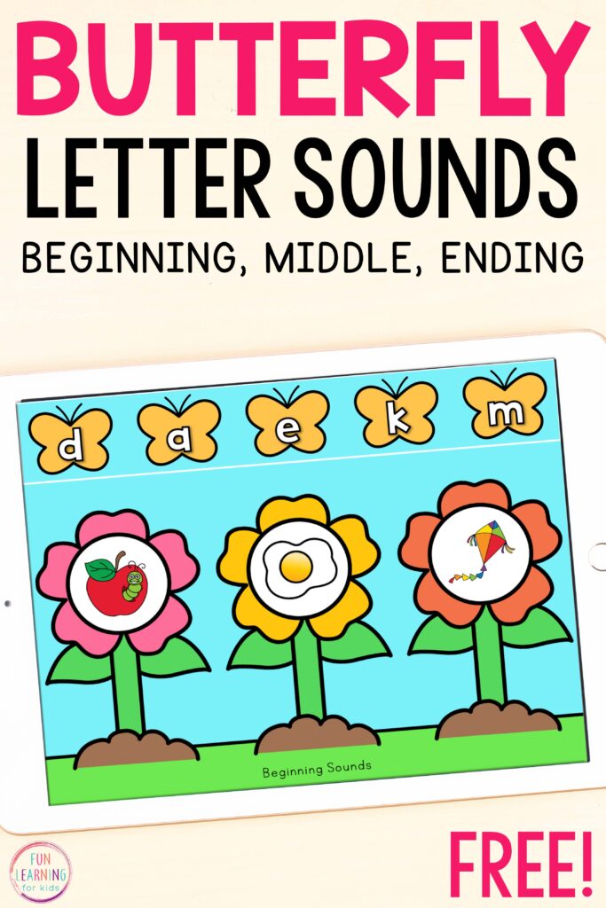 Free digital butterfly letter sound isolation phonics activity for Google Slides and Seesaw.