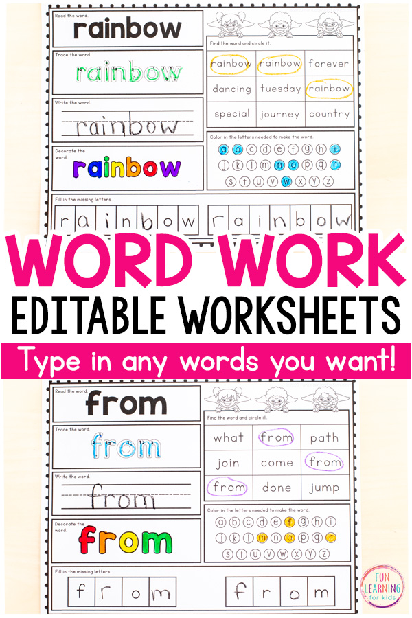 Printable sight word worksheets that are editable and can be used for a variety of word work. 