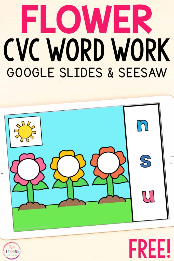 Free digital flower theme CVC word work activity for Google Slides and Seesaw.