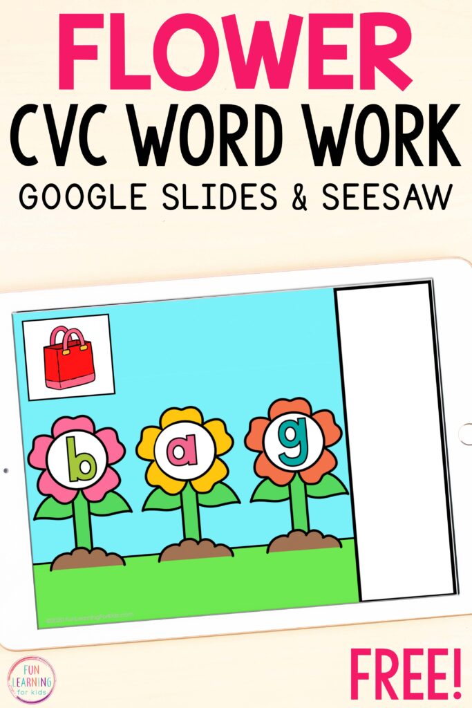 Free Google Slides and Seesaw activity for learning CVC words this spring. 