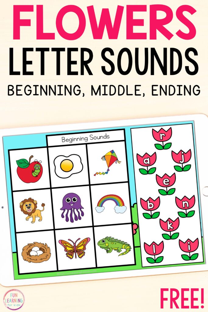Free digital flower theme literacy activity for learning letter sound isolation of beginning, middle and ending sounds.