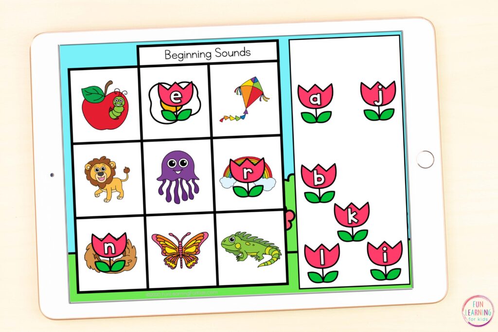 A free paperless flower theme phoneme isolation literacy activity for Seesaw and Google Slides.