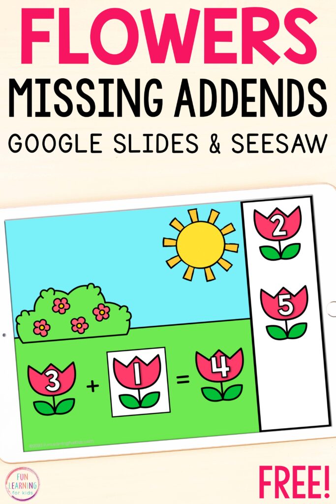 Free digital flower missing addends addition activity for Seesaw and Google Slides.
