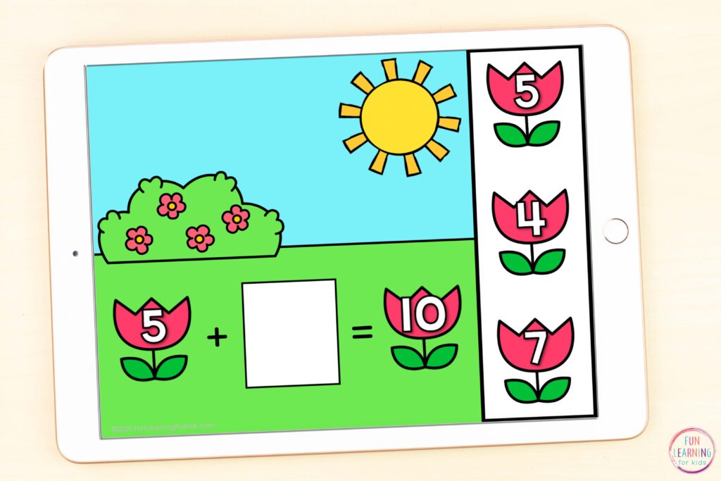 Free flower theme digital math activity for finding missing addends in  addition sentences. 