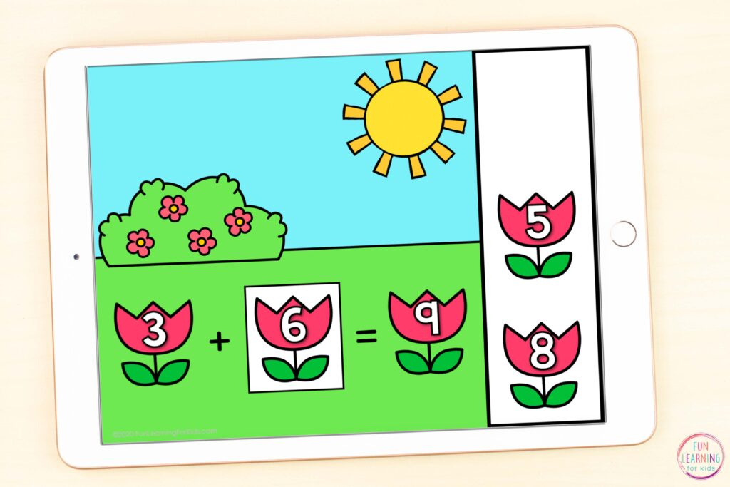 Free flower theme addition math activity for Google Slides and Seesaw.