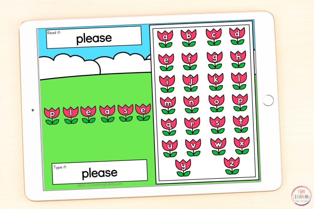 Free digital and editable flower theme word work activity for Google Slides and Seesaw.