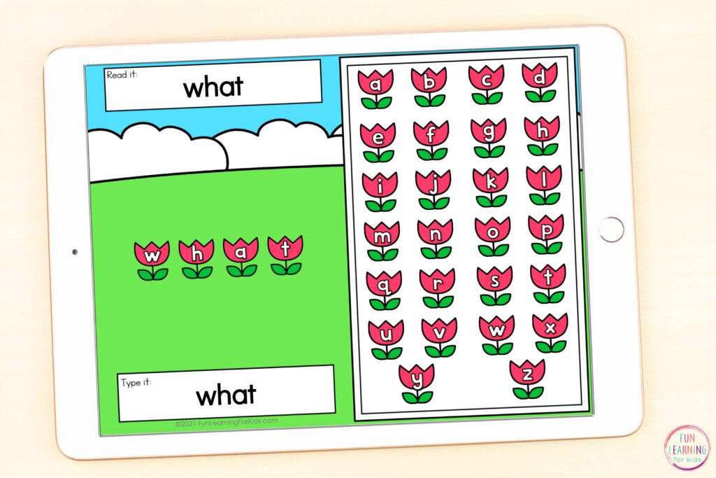 Free flower word work activity mats for kids who are learning to read while using Google Slides and Seesaw.