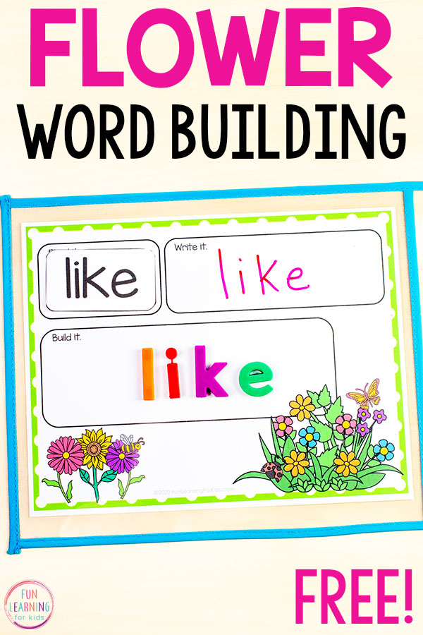 Free printable flower themed word work activity for learning to read, write and spell words this spring. 