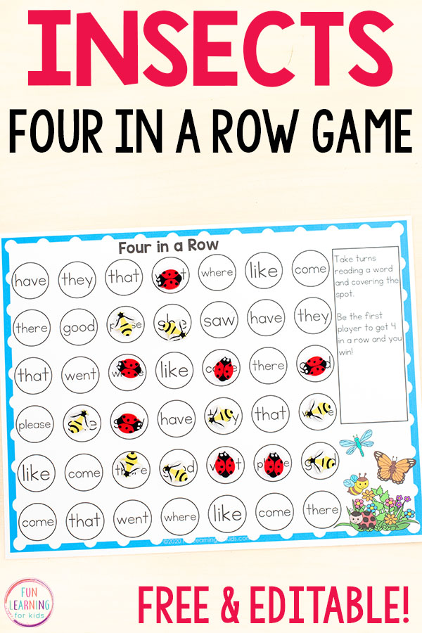 Free printable and editable insect theme four in a row game for math and literacy skills.