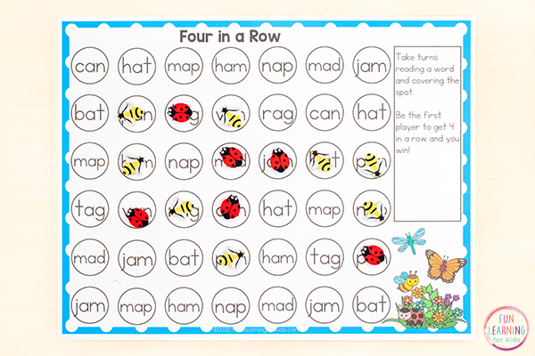 Free printable four in a row board game for learning literacy and math skills.