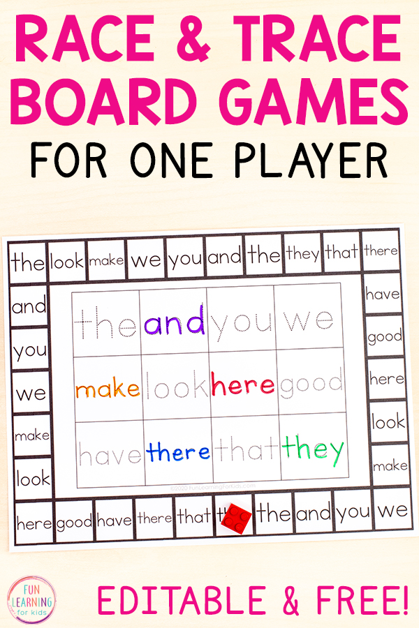Free editable one player board games for kids to use independently.
