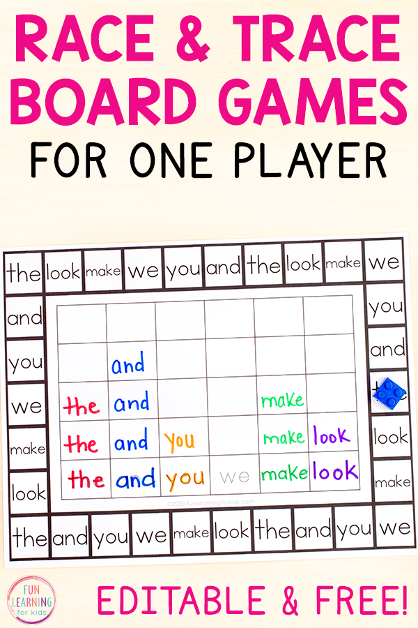 Free editable one player word work board games for learning sight words and more!