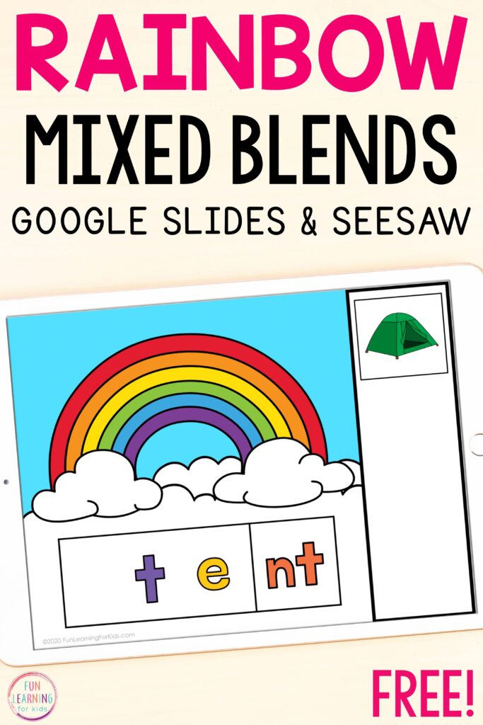 Free paperless rainbow theme mixed blends reading activity for Google Slides and Seesaw.