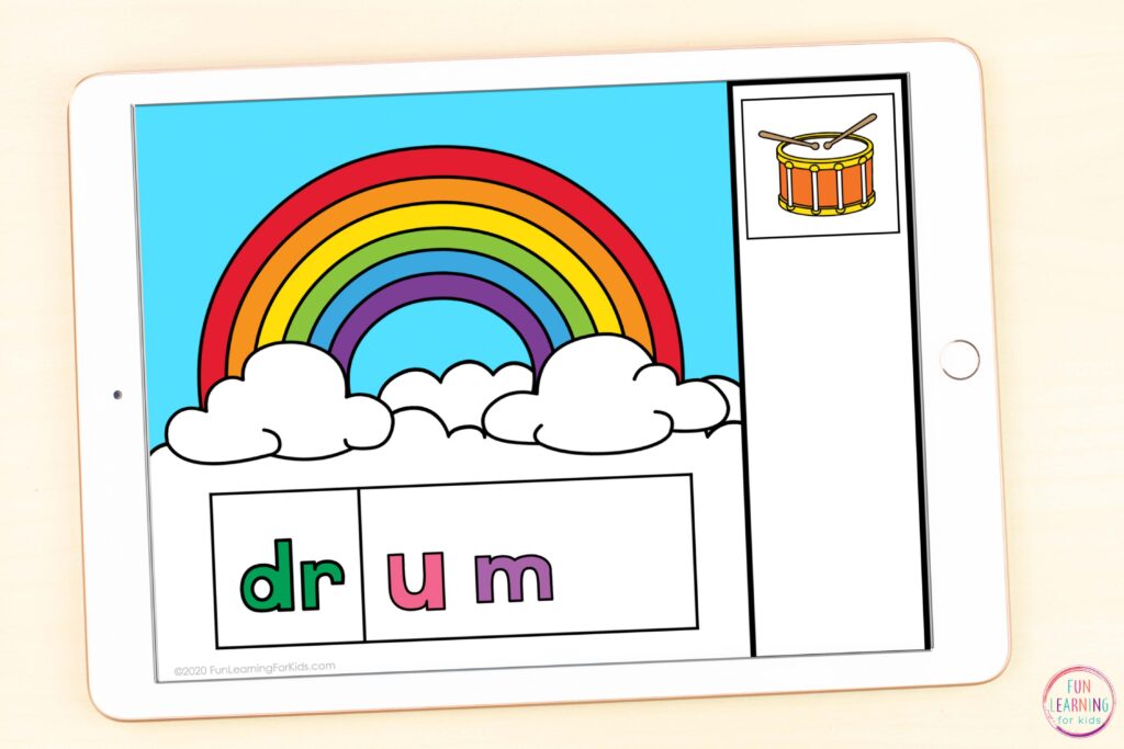 Digital rainbow theme blends phonics activity for virtual learning.