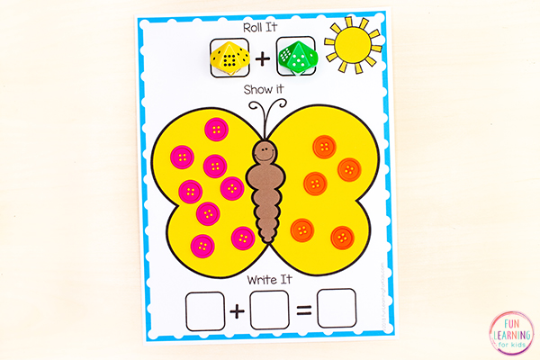Printable insect addition and subtraction math activity for spring math centers or take home practice.