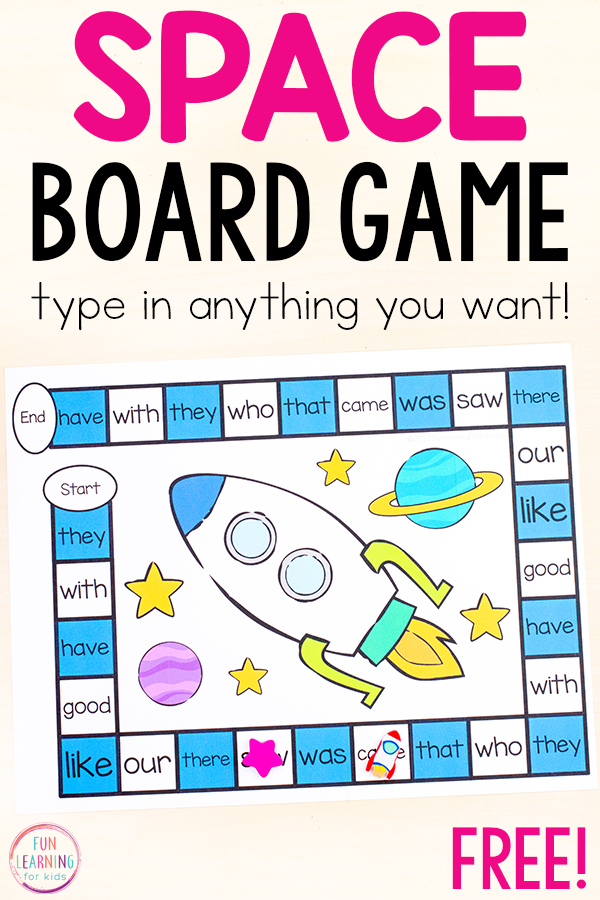 Free printable space theme board game that is editable so you can type in anything you want.