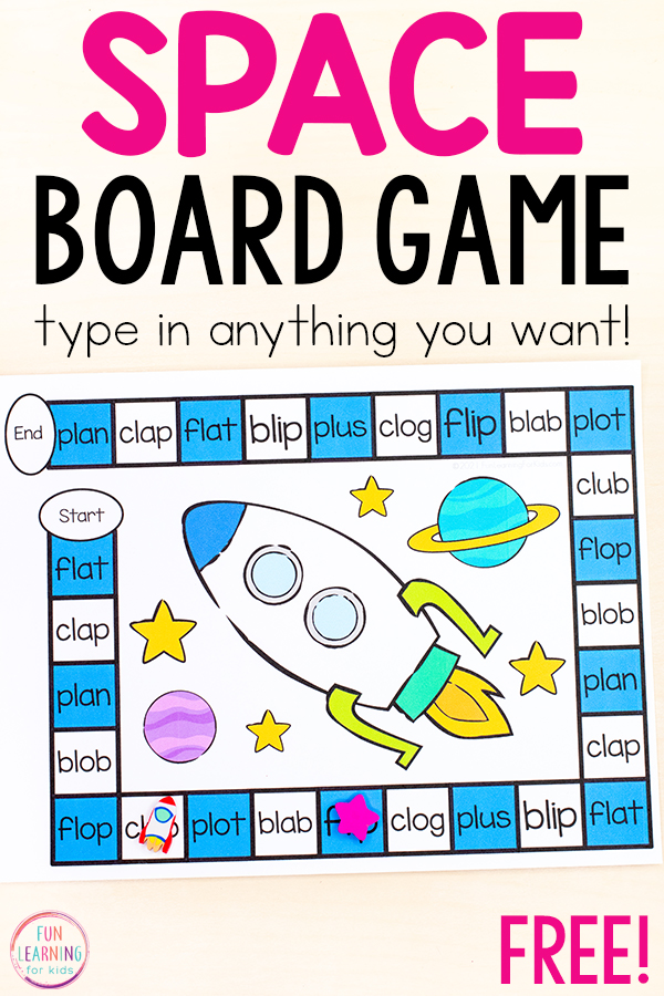 Free editable space theme board game for your space theme literacy centers or math centers.