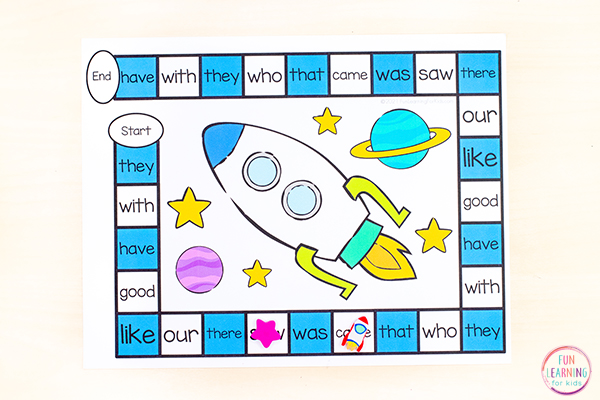 Free printable word work board game for your space theme.