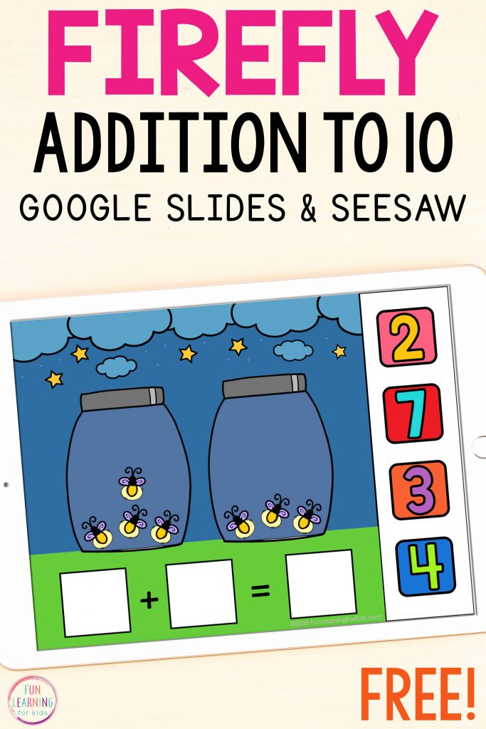 Firefly addition within ten math activity for Google Slides and Seesaw.