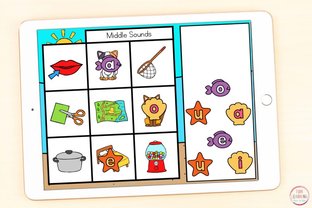 Free ocean theme letter sounds isolation phonics activity.