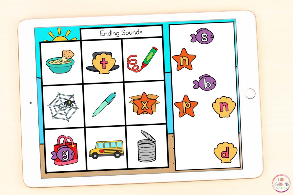 Free ocean theme letter sound isolation phonics activity that students can use on Seesaw or Google Slides.