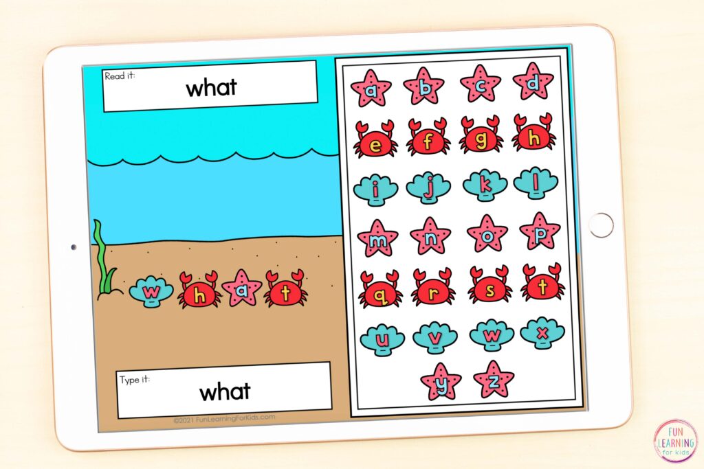 Ocean theme word work activity for literacy centers in kindergarten, first grade, second grade, and third grade.