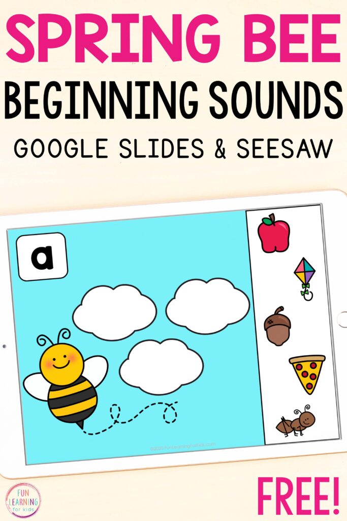 Free spring bee theme beginning sounds literacy activity for Google Slides and Seesaw.