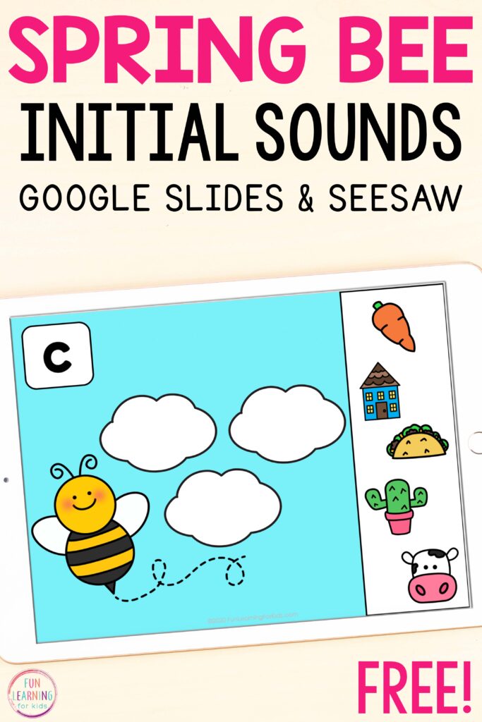 Free paperless bee theme initial sounds literacy activity for kindergarten and first grade.
