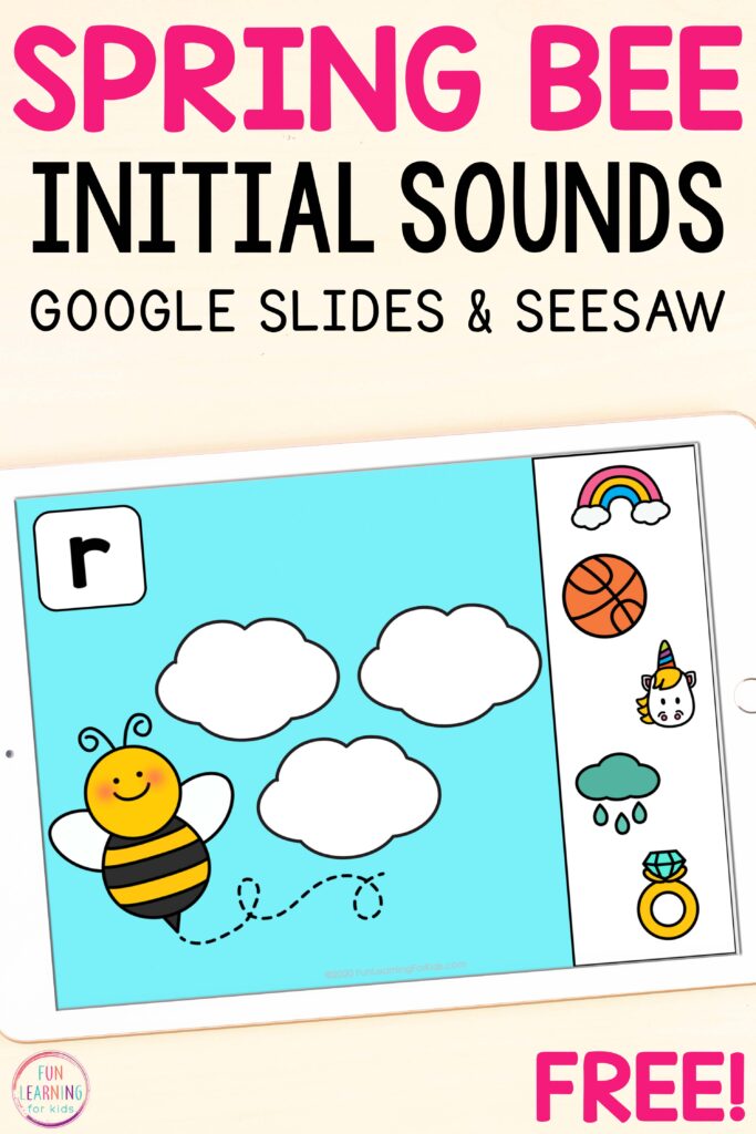 Free digital spring theme beginning sounds alphabet activity for Seesaw and Google Slides.