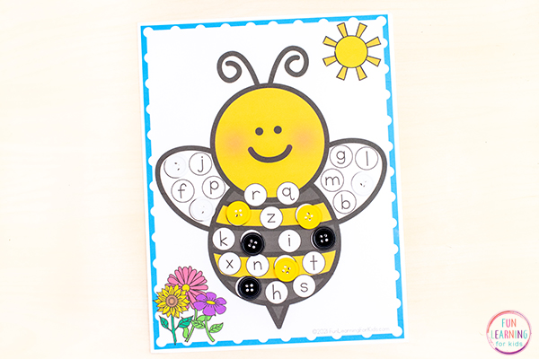 Bee theme alphabet activity for spring literacy centers.