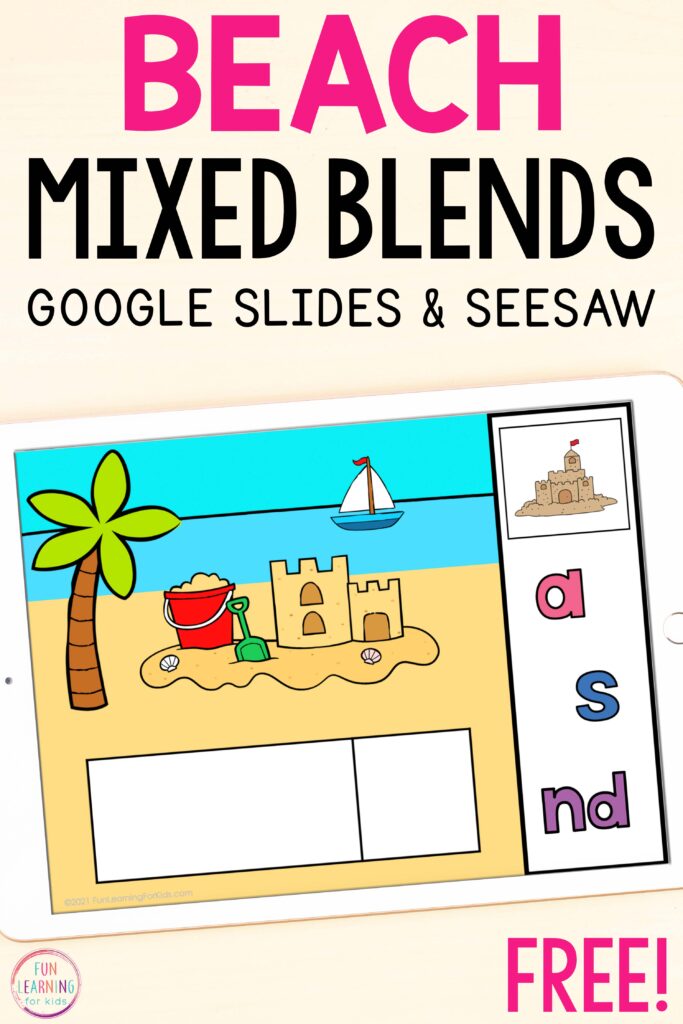 Free paperless beach theme mixed blends activity for a fun word work activity for literacy learning.