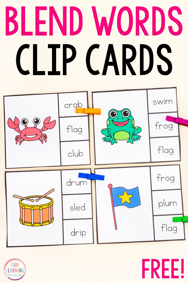 Free printable blend words clip cards for literacy centers or small group reading instruction in first grade or second grade.