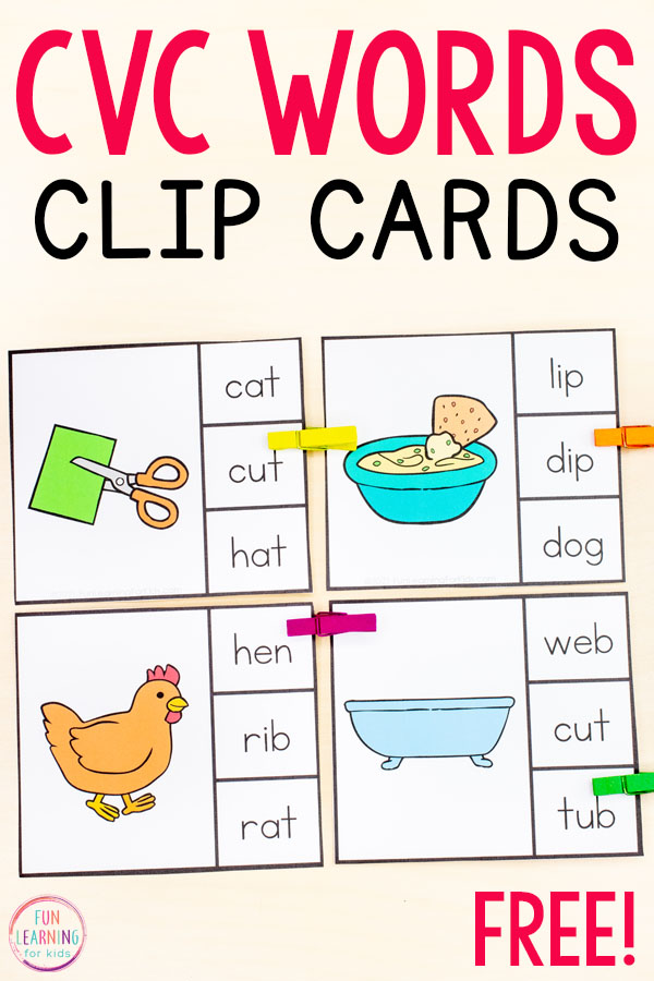 CVC Words Clip Cards Printables for Kindergarten