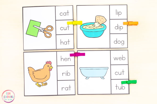 CVC clip cards for extra reading practice and fine motor development during literacy centers, small group instruction, or morning tubs.