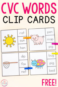 CVC word clip cards for teaching reading.