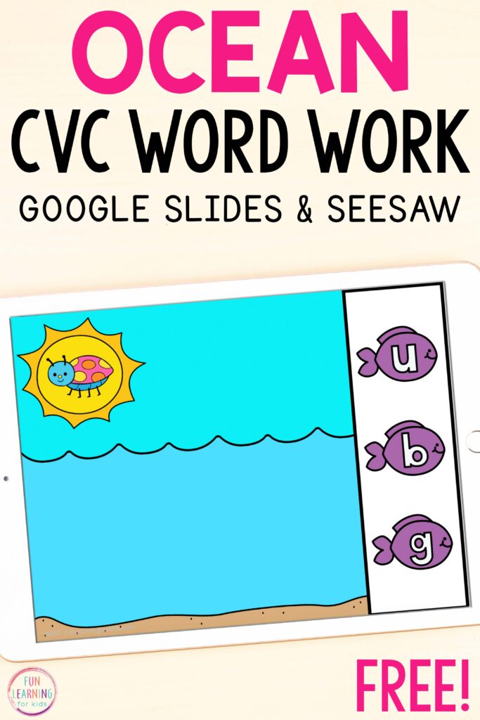 Free digital CVC word work activity with ocean theme for Google Slides and Seesaw.